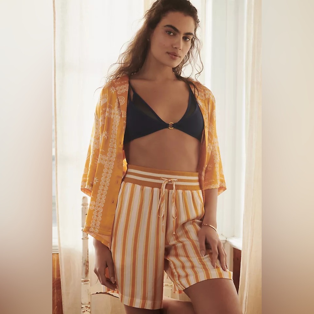 Anthropologie Yellow White Striped Satin Like Shorts